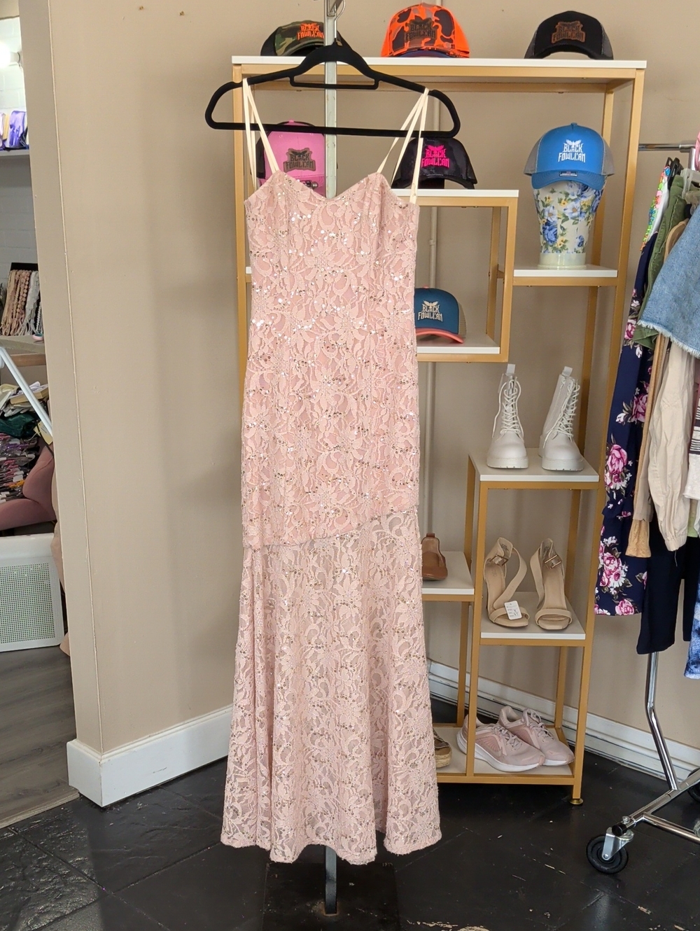 Blush Pink Lace Maxi Dress with Spaghetti Straps